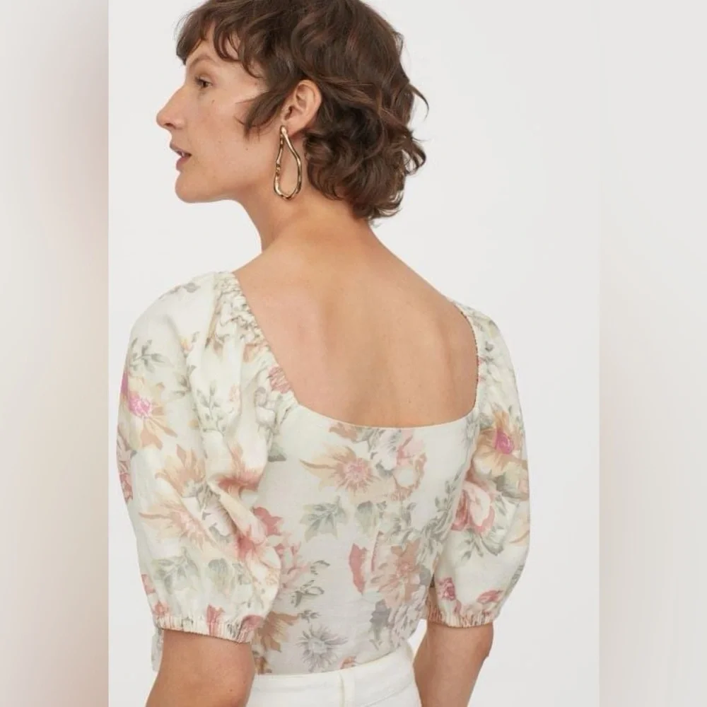 H&M Linen Blend Floral Top Blouse small - Picture 3 of 10